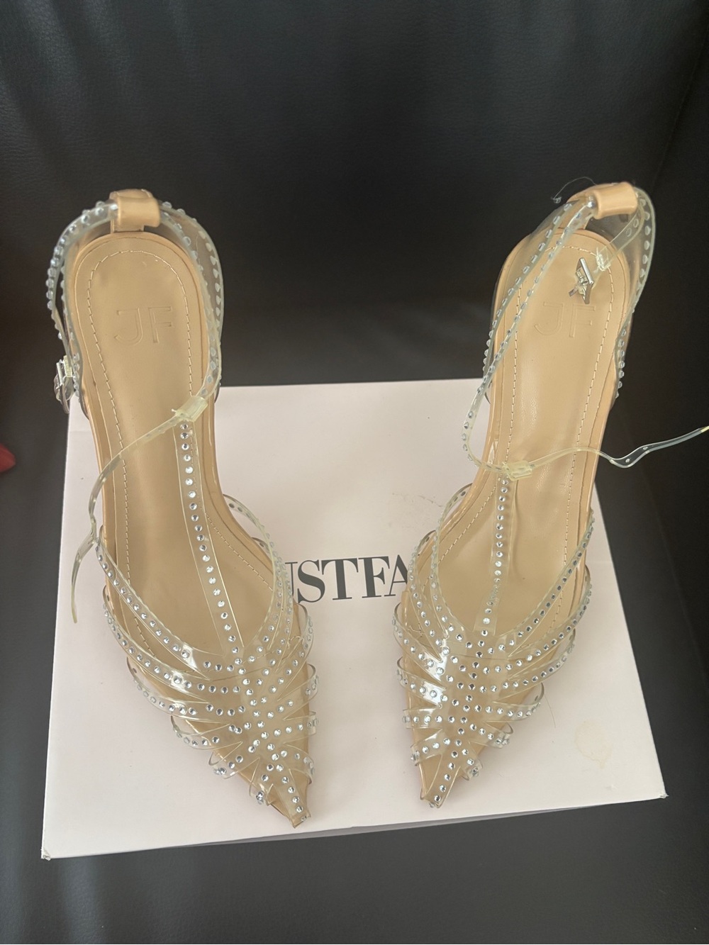 JustFab Nude Clear Slingback Heeled Boots with Rhinestones